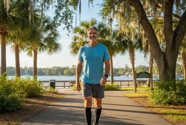Man walking comfortably on a sunny park trail after stem cell therapy for knees.