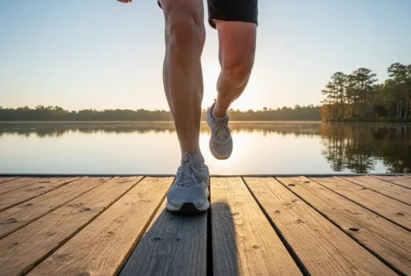 Active senior walking on a lakeside dock, representing non-surgical knee pain relief in Astatula.