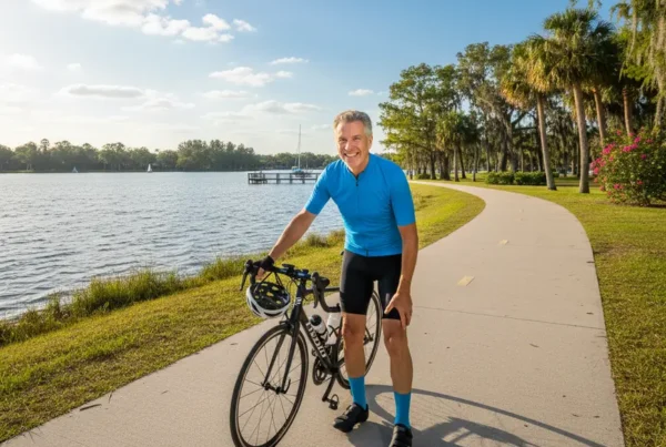 Man in cycling gear smiling, relieved after non-surgical arthritis knee pain treatment in Clermont.