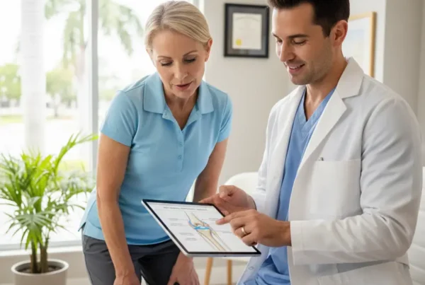 Doctor explaining non-surgical arthritis knee pain treatment options on a tablet to a patient.