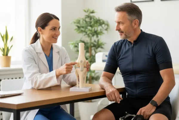 Provider discussing arthritis knee pain treatment options with a patient using a knee model.