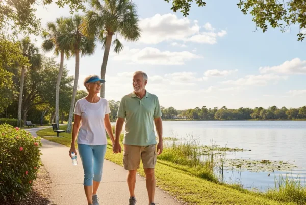 Senior couple walking happily by a lake after non-surgical knee pain treatment in Eustis.