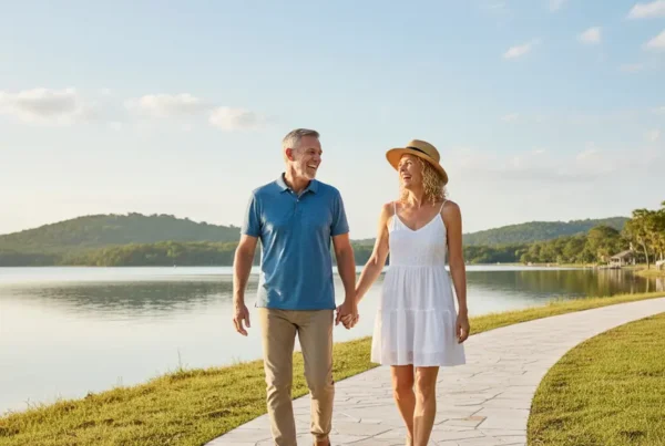 Happy older couple walking easily by a lake after arthritis knee pain treatment.