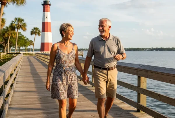 Happy older couple walking pain-free on the Mount Dora boardwalk after knee treatment.