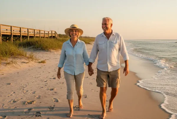 Active older couple walking comfortably on the sand after receiving arthritis knee pain treatment.