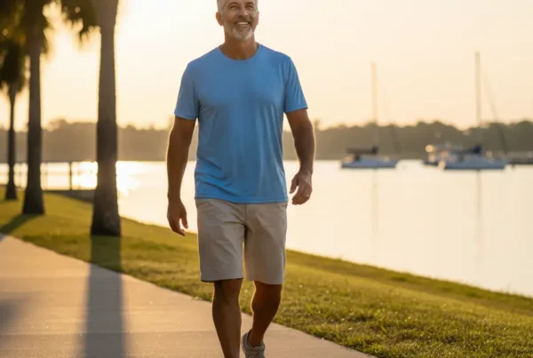 Man enjoying a pain-free walk on the Sanford Riverwalk after arthritis knee treatment.