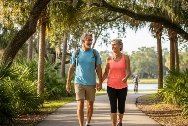 Active couple walking on a Seminole County trail after non-surgical knee pain treatment.