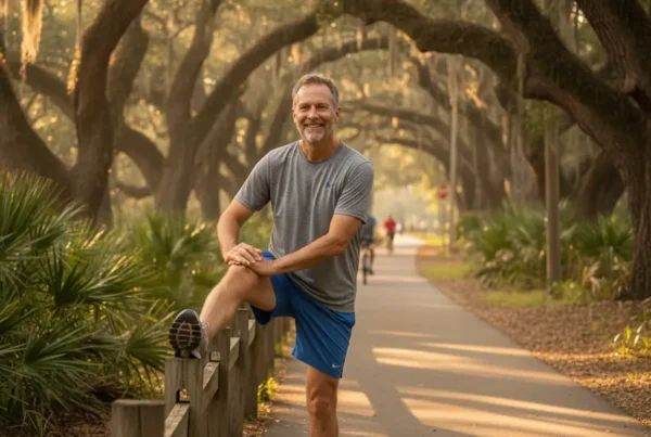 Man smiling after finding relief from knee pain with non-surgical arthritis treatment in Florida.