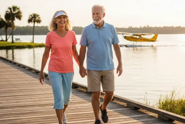 A senior couple walks happily along the Wooton Park boardwalk in Tavares, FL.