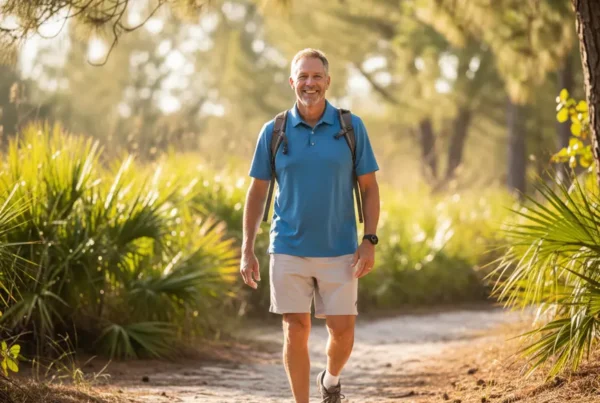 Man hiking on a sunny Florida trail, free from discomfort after arthritis knee pain treatment.
