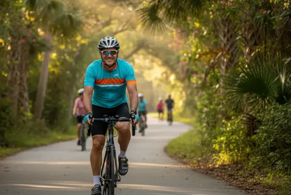 Man cycling on a sunny Florida trail after successful arthritis knee pain treatment.