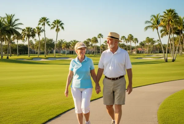 Active senior couple walking on a path, free from arthritis knee pain in Summerfield.