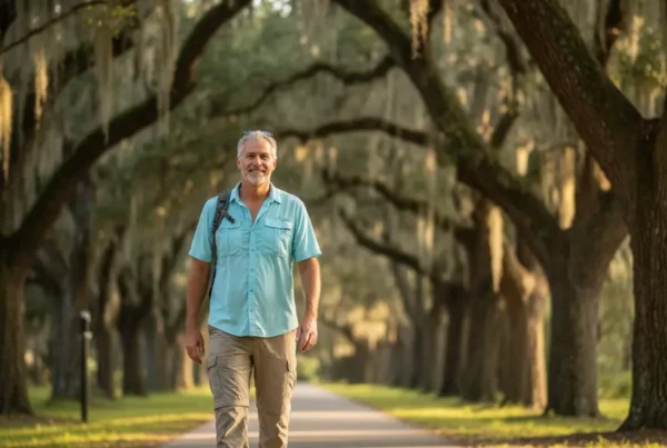 Man walking comfortably in a Florida park after non-surgical arthritis knee pain treatment.