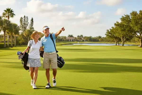Active senior couple enjoying a pain-free walk on a golf course in Wildwood, Florida.