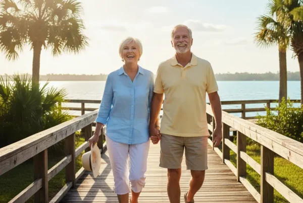 Active senior couple walking happily by a lake after arthritis knee pain treatment.
