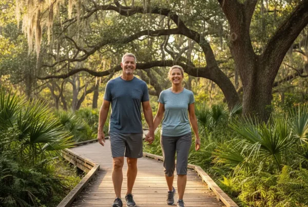 Happy couple walking on a park boardwalk, free from pain after arthritis knee treatment.