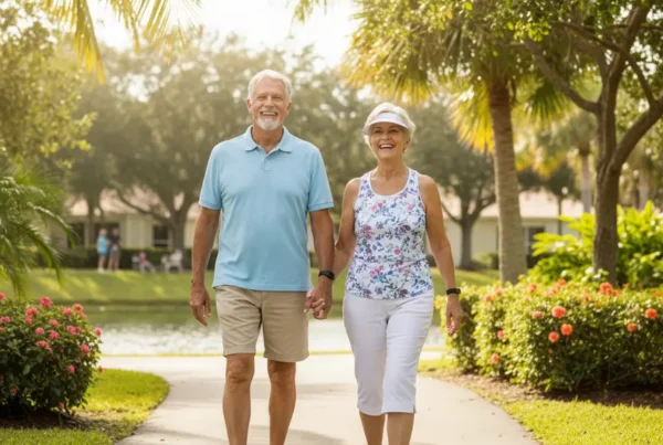 Senior couple walking in a park in Poinciana, FL, after successful knee joint pain treatment.