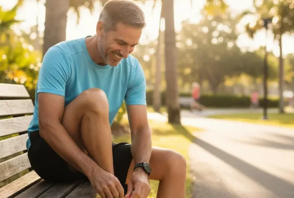 Man in a Casselberry park tying his shoe, ready for non-surgical knee pain relief.