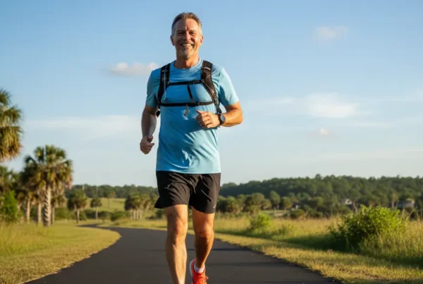 Man jogging on a trail in Clermont, FL after successful knee pain treatment.