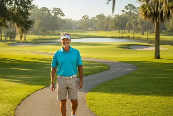 Man enjoying a pain-free walk on a golf course after knee pain treatment.