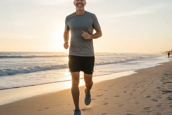 Man in his 50s jogging on the beach, representing recovery from knee joint pain.