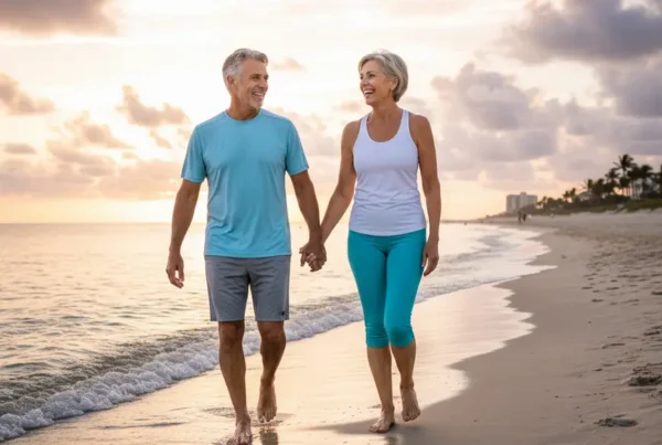Happy older couple enjoying a pain-free walk on Ormond Beach after knee treatment.