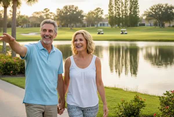 Active couple walking by a lake in Windermere, enjoying life after knee pain treatment.
