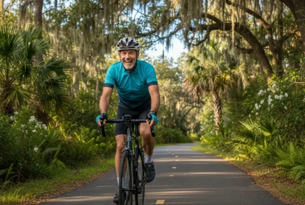 Active older man cycling on a sunny Florida trail after knee pain treatment.