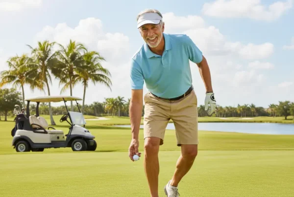Older man golfing without pain after receiving knee treatment near Lady Lake, FL.