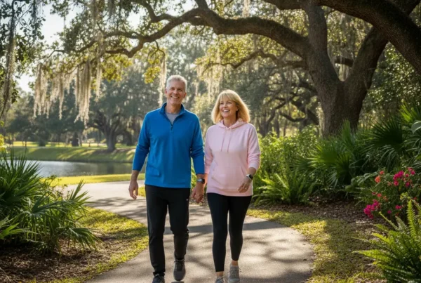 Happy couple walking in a Winter Park, FL park after receiving knee pain treatment.