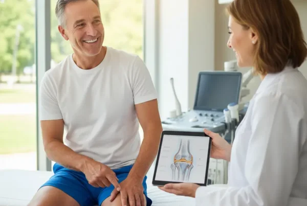 A man in a clinical setting discussing non-surgical knee pain treatment with his doctor.