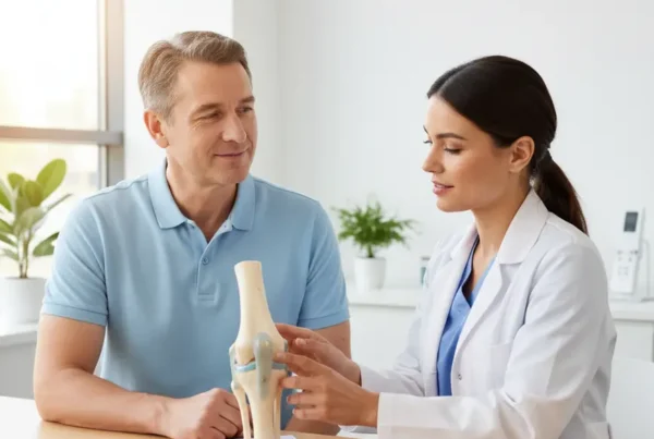 A doctor explains non-surgical knee pain treatment options to a male patient in a clinic.
