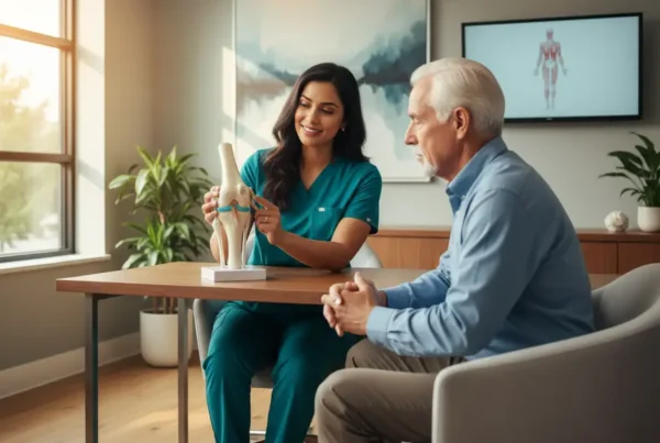 A medical provider discusses non-surgical knee joint pain treatment with a senior patient in Leesburg.