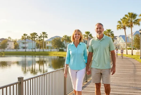 Active older couple walking happily along the lakefront after non-surgical knee pain treatment.
