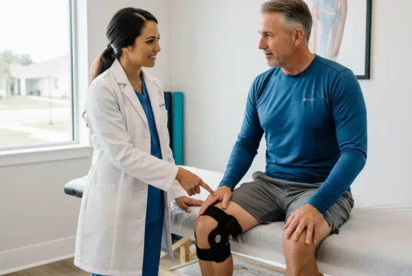 Patient discussing non-surgical knee pain treatment options with a specialist in a Minneola clinic.