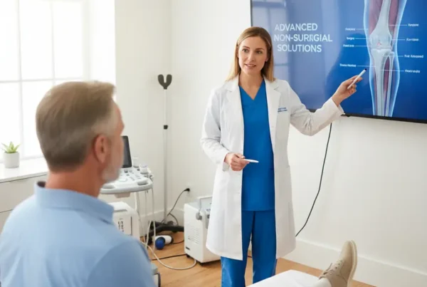 Medical specialist discussing non-surgical knee pain treatment options with a patient in Orlando.