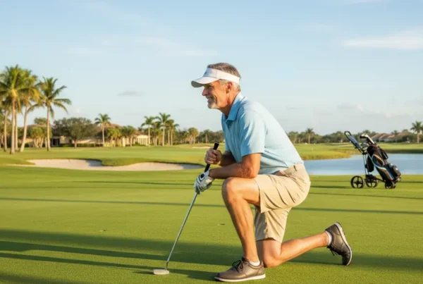 Man kneeling comfortably on a golf green after non-surgical knee pain treatment in DeLand.