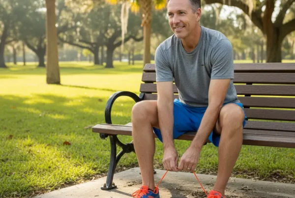 Man in a Deltona park happily tying his shoe, free from knee pain.