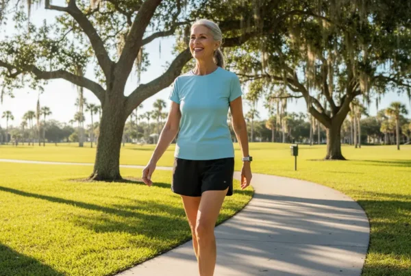 Active senior walking comfortably in a Florida park after non-surgical knee pain treatment.