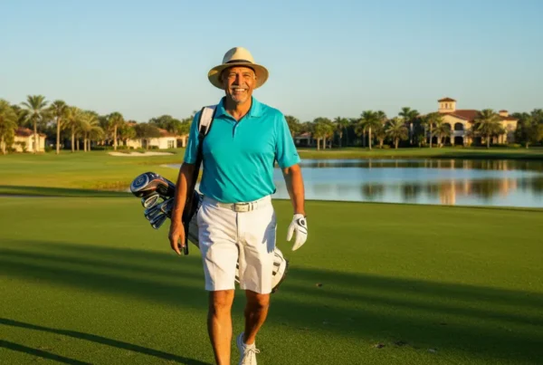 Man in his 60s walks happily on a golf course after non-surgical knee treatment.