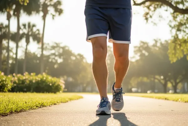 Man enjoying a walk in a sunny park after non-surgical knee pain treatment.