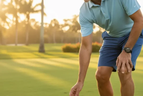 Man in golf attire bending without knee pain on a sunny Florida course.