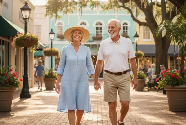 Active senior couple walking happily through a sunny town, free from knee pain.
