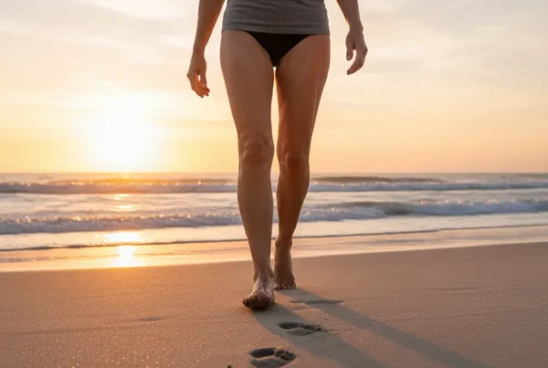 Person walking pain-free on New Smyrna Beach after non-surgical knee pain treatment.