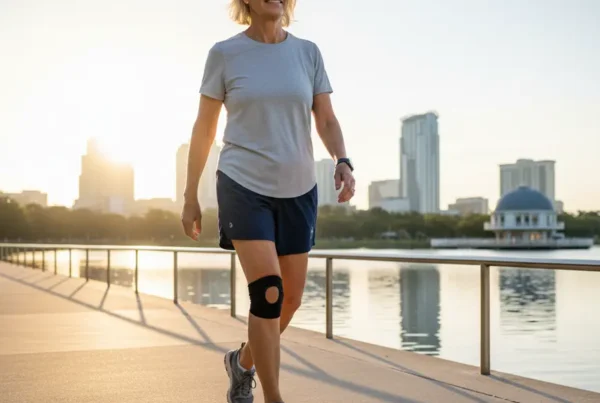 A person walking comfortably on a park path, representing relief from non-surgical knee pain treatment.
