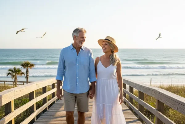Active older couple walking on a boardwalk after non-surgical knee pain treatment in Ormond Beach.