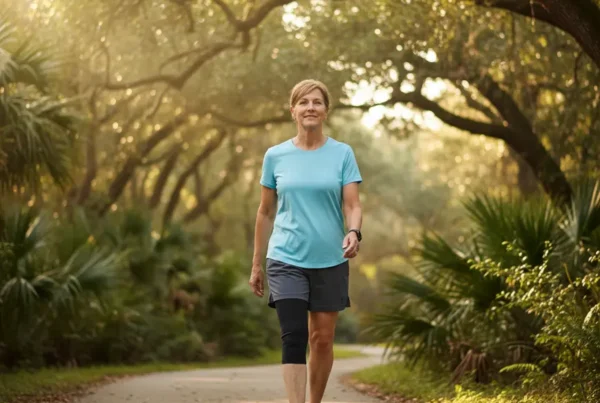 Person enjoying a walk on a trail after receiving non-surgical knee pain treatment in Oviedo.
