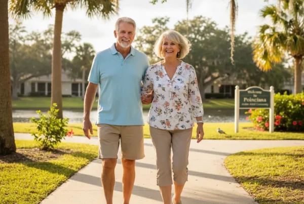 Older couple walking happily in a sunny park after non-surgical knee pain treatment in Poinciana.