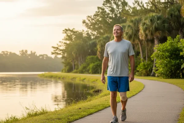 Man enjoying a walk on the Sanford Riverwalk after successful non-surgical knee pain treatment.