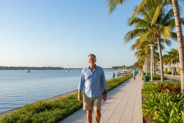 Man enjoying a pain-free walk on a sunny riverwalk after non-surgical knee treatment.